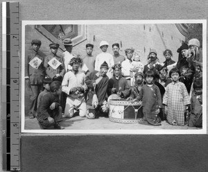 Actors from Harwood Bible Training School at country fair, Fenyang, Shanxi, China, 1936