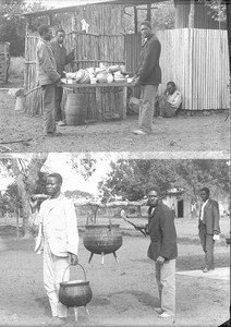 Men with tableware and cooking pots, Ricatla, Mozambique, ca. 1896-1911