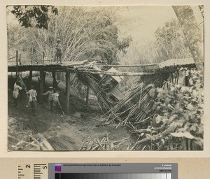 Bridge collapse caused by vehicle, Mihecani, Mozambique, ca.1925