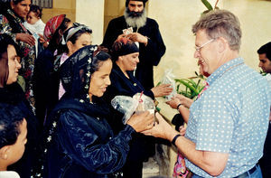 Verner Tranholm-Mikkelsen, DMS and Bishop Benjamin at gift giving ceremony, 1996. (Agriculture