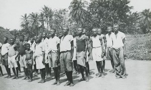 Drill for boys, Congo, ca. 1920-1930