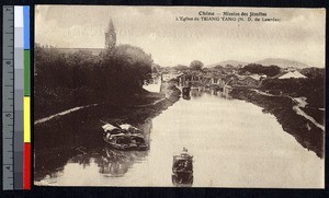River flowing past a mission and village, China, ca.1920-1940