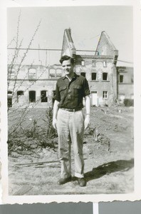 Dieter Fritschie in Front of the Boys' Home at the Rebstock Airport, Frankfurt, Germany, ca.1948-1958