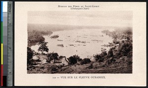 Ubangi River and houses on the shore, Central African Republic, ca.1900-1930