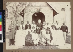 Group portrait of students, tutors and principal of LMS College, Antananarivo, Madagascar, 1903