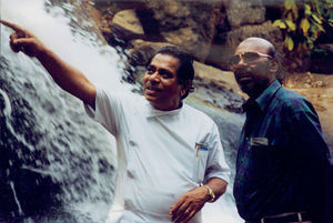 East Jeypore, Orissa, India. Waterfall at Bissamcuttack station, 1994. Left: Dr. Virendra Kumar