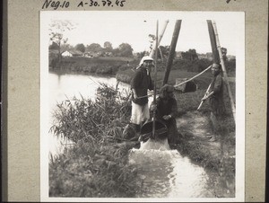 Frauen schöpfen Wasser a. d. Fluss zum Bewässern des Reisfeldes