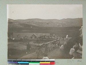 Prisoners carrying telegraph logs, Ambositra, Madagascar, 1906