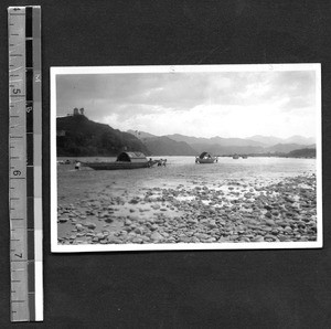 Riverboats carrying freight near Fukien Christian University campus, Shaowu, Fujian, China, ca.1939