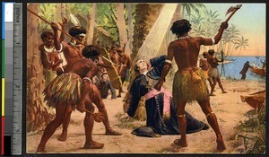 Painting of the martyrdom of missionary fathers, Solomon Islands, ca.1900-1930