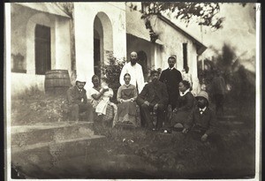 Chapel in Bethel (Cameroon). Dilger; Alfred Munz, died Oct.12th, 1887, with nurse; Munz and wife; Bizer; Christaller; Richardson and wife