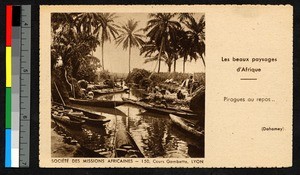 Dugout canoes on a river, Benin, ca.1920-1940