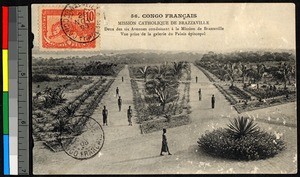 People walking along broad palm-lined avenues, Brazzaville, Congo, ca.1920-1940