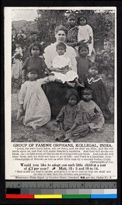 Orphans gathered with a missionary, Kollegal, India, ca.1920-1940