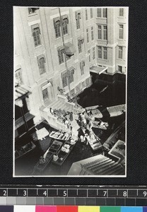 Aerial view of boats arriving at MacKenzie Memorial Hospital, Tianjin, China, ca. 1930