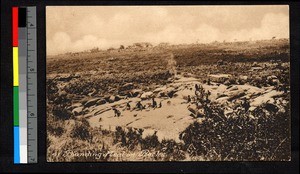 People pounding meal on a natural expanse of flat rock, Angola, ca.1920-1940