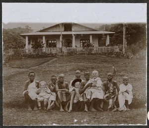 European and African children in front of mission house, Tanzania, ca.1905-1907