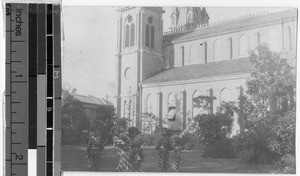 Children standing near main church, Yokohama, Japan, 1918