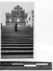 Fr. Dietz at the ruins of a Jesuit Church at Aomen, China, 1928