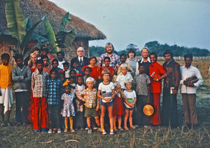 Assembly of missionaries and local people in Bangladesh. At the back from left: Oluf Eie, Filip