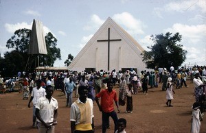 Crowds outside the city church, Ngaoundéré, Adamaoua, Cameroon, 1953-1968