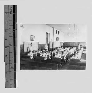 Penmanship class at Gamewell School, Beijing, China, 1920