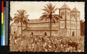 Students outside a large church, Cameroon, ca.1959