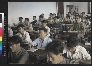 Students listening to lecture, China, 1945