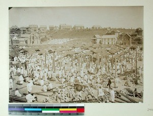 Marketplace with wood and stone market in the foreground, Analakely, Antananarivo, Madagascar, ca.1902