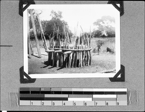 Scaffolding as support for a storage hut, Nyasa, Tanzania, 1937