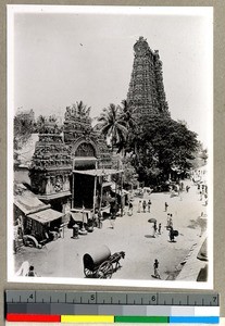 Temple and village street, Vārānasi , India, ca. 1920