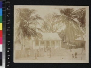 Children playing outside school building, Banjul, Gambia, ca. 1910