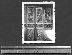 Intricately carved doors on temple guildhall, Tengchong, Yunnan, China, ca.1912