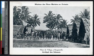 Missionaries pose with men in a village, Papua New Guinea, ca.1900-1930