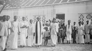 Arcot, South India. The congregation in front of Vriddhachalam Church after the worship service