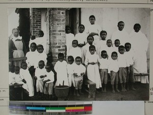 Ragnhild Andreassen together with healthy children from leprous parents, Ambohipiantrana, Antsirabe, Madagascar, 1901