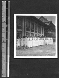 Students ready for Baccalaureate service at Fukien Christian University, Fuzhou, Fujian, China, 1948