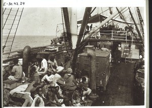 Africans on board a Woermann steamer. Cameroon