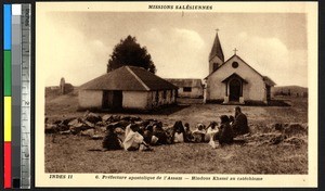 People on the ground in front of a church, Assam, India, ca.1920-1940