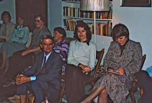 Missionary gathering in Bahrain The Arabian Gulf, From right two not identified, Dr. Alan Fawdr