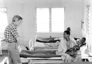 ELCT, Karagwe Diocese, Tanzania. Medical Missionary Dr Børge Buch with patients at Nyakahanga H