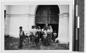 Funeral procession leaving a church, Jacaltenango, Guatemala, ca. 1946