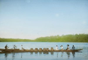 Long Canoe Carrying Sand Across for Road Repair, Calabar, Nigeria, ca. 1930-1940