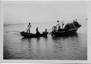 Two fishing boats and fishermen, Hong Kong, China, 1939