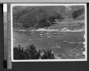 Three boats navigating a river, Ing Tai, Fujian, China, ca. 1920