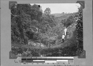 Missionaries Hollan and Zickmantel on a path leading over Kilasi River, Rungwe, Tanzania, ca. 1898-1922