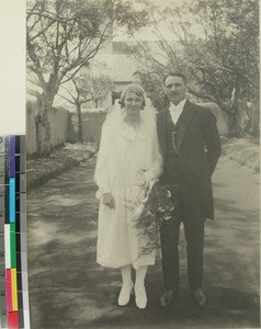 The newly married couple Klepp with the church in the background, Loharano, Madagascar, 1926