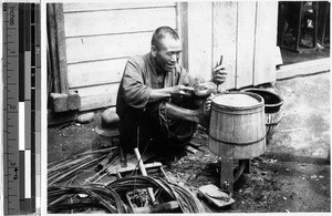 Japanese cooper building a bucket, Japan, August 1932