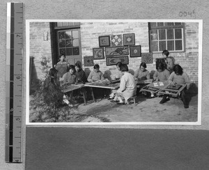 Making hooked rugs at Harwood Bible Training School, Fenyang, Shanxi, China, ca.1936-37