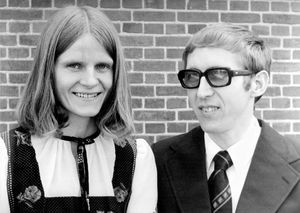 Vibeke and Jørgen Moesgaard in front of Kølkær church, 22 May 1977. The couple are going to be